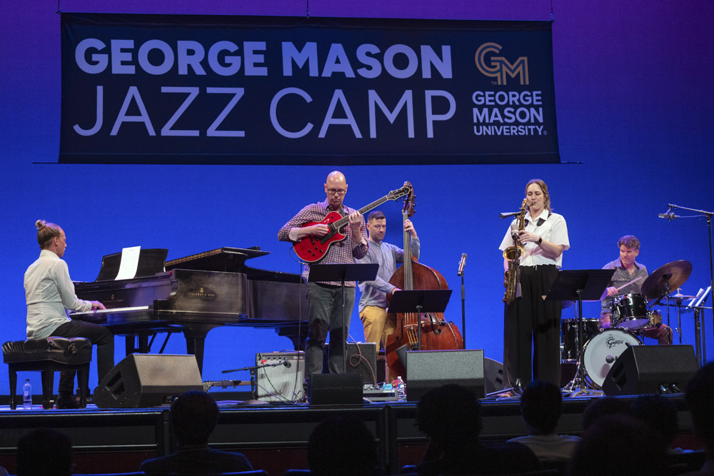 Roxy Coss, the Artist-in-Residence for the 2026 George Mason Jazz Camp with faculty on the Center for the Arts stage, Fairfax Campus. 